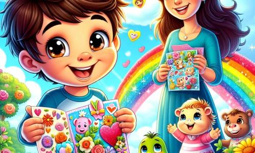 Um garoto de 6 anos, chamado Pedro, com cabelos castanhos bagunçados e olhos brilhantes de alegria, está no centro da imagem. Ele sorri amplamente, segurando cartas coloridas em suas mãos, decoradas com corações e flores, pronto para oferecê-las à sua mãe. Ao lado dele, sua mãe, uma mulher de cerca de trinta anos, com longos cabelos castanhos e um sorriso caloroso, olha para Pedro com olhos cheios de amor, pronta para receber seu presente. Ao fundo, vê-se um arco-íris brilhante iluminando o céu azul, e os amigos de Pedro: um porquinho rosa, Tico, que salta de alegria, e uma linda tartaruga, Lenta, que segura um pequeno desenho em suas patas. O local é um jardim ensolarado, repleto de flores coloridas e árvores verdes, criando uma atmosfera alegre e festiva. A cena principal mostra Pedro e sua mãe compartilhando um momento terno e feliz, cercados por seus amigos, celebrando juntos o Dia das Mães com risadas e abraços.
