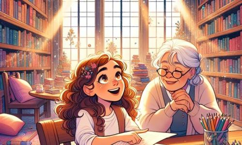 Uma menina de 12 anos, Clara, com cabelos castanhos cacheados e olhos cheios de curiosidade, está sentada a uma mesa de madeira em uma biblioteca. Ela tem um sorriso radiante e um olhar determinado, folheando um livro com páginas amareladas, cercada por lápis de cor espalhados. Ao lado dela, Beatriz, uma mulher de cerca de 60 anos com cabelos grisalhos e óculos redondos, observa Clara com benevolência, segurando um livro antigo nas mãos. A biblioteca é espaçosa, com grandes estantes de madeira cheias de livros coloridos, raios de luz filtrando através de grandes janelas, iluminando a poeira no ar. Tapetes macios e almofadas estão espalhados pelo chão, criando um espaço acolhedor e quente. Clara, cheia de entusiasmo, descobre um livro sobre emoções, enquanto Beatriz a incentiva a se expressar. A atmosfera é mágica e curiosa, simbolizando a exploração da neurodiversidade.