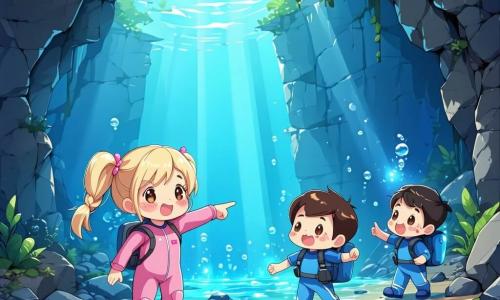 Vier Kinder erkunden zusammen den Eingang einer Unterwasserhöhle: Emma, 4 Jahre, blonde Zöpfe, blasse rosa Tauchanzug, vorne links und zeigt auf eine helle Öffnung; Max, 4 Jahre, kurz braune Haare, Sommersprossen, himmelblauer Anzug, hält Emmas Hand und schwimmt dahinter; Mia, 4 Jahre, schwarzer Zopf, lavendelfarbener Anzug, rechts neben Emma und betrachtet bunte Fische; Luca, 4 Jahre, kastanienlockiges Haar, minzgrüner Anzug, hinten in der Mitte mit einer am Handgelenk befestigten Unterwasserlampe, die eine funkelnde Quelle in der Höhlenmitte beleuchtet. Die felsigen Wände sind strukturiert, mit rosa und orangenen Korallen, Schwärmen bunter kleiner Fische, durch klares Wasser blaue Lichtstrahlen und goldener Feinsand; die Kinder bilden einen Halbkreis um die leuchtende, kristallklare Quelle, fröhliche Stimmung und leuchtende Farben.