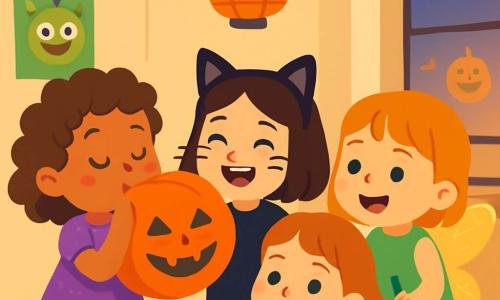 Es gibt 4 Kinder: - Lila: 3-jähriges Mädchen, trägt ein glitzerndes lila Kleid und hat lockige Haare. Sie hält einen großen orangen Ballon in Form eines Kürbisses. - Mira: 3-jähriges Mädchen, verkleidet als Katze mit schwarzen Ohren und Katzennasen-Make-up. Sie steht neben Lila und lächelt. - Suse: 3-jähriges Mädchen, trägt einen Pullover in Form eines Kürbisses mit runden Augen und einem Lächeln. Sie sitzt auf einem kleinen Stuhl und hält Buntstifte. - Tami: 3-jähriges Mädchen, hat glänzende Feenflügel und ein grünes Kleid. Sie steht neben Suse und zeichnet auf einem Blatt. Der Ort ist ein Klassenzimmer, das für Halloween dekoriert ist, mit Girlanden aus Herbstblättern, Papierlaternen und Zeichnungen von lächelnden Monstern an den Wänden. Ein großes Fenster lässt das sanfte Abendlicht herein, das die fröhlichen Gesichter der Kinder beleuchtet. Die Hauptsituation zeigt Lila, die in den orangen Ballon bläst, während die anderen Kinder sie lachend anfeuern. Der Ballon wird immer größer, und alle Kinder sind von einer festlichen und warmen Atmosphäre umgeben, erfüllt von Freude und Freundschaft.