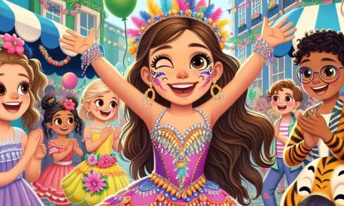 Una niña de 10 años, Valentina, con largos cabellos castaños y ojos brillantes de alegría, lleva un disfraz colorido de carnaval con lentejuelas y plumas. Sonríe ampliamente, con los brazos en alto, rodeada de globos multicolores, en una postura de baile entusiasta. A su lado, Clara, otra niña de 10 años con cabello rubio y pecas, se pinta la cara de tigre, riendo alegremente. En el fondo, Sofía, una niña de 10 años con cabello castaño y rizado, y Lucas, un niño de 10 años con gafas y cabello negro, aplauden y bailan, ambos vestidos con trajes de carnaval brillantes. El lugar es una gran plaza animada, decorada con guirnaldas de flores coloridas y farolitos brillantes, donde hay puestos de comida que ofrecen dulces como churros y algodón de azúcar. La multitud es alegre, con niños y adultos bailando al ritmo de la música. La situación principal muestra a Valentina y sus amigos celebrando el carnaval, rodeados de colores vivos y risas, mientras bailan juntos bajo un cielo soleado, creando una atmósfera festiva y mágica.