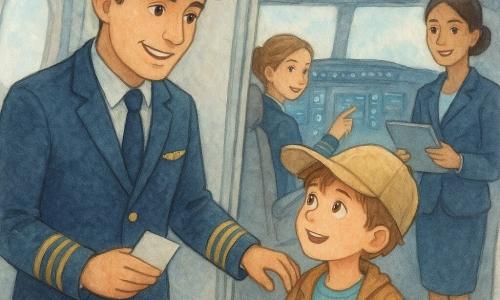 Un piloto de unos treinta años, rostro sonriente y concentrado, ojos marrones, pelo corto castaño y uniforme azul marino con galones dorados, está de pie en la puerta de la cabina con una mano en el marco y otra sosteniendo una pequeña tarjeta, en una postura cálida y protectora; delante, un niño (Nico) de unos 12 años, pelo castaño claro bajo una gorra grande, expresión maravillada y curiosa, sostiene una pequeña maleta y una gran pegatina en forma de nube en el pecho, mirando al piloto con admiración; en segundo plano la copiloto Marta, unos 28 años, piel clara y cabello recogido, sonriente y señalando un tablero de instrumentos iluminado; la azafata Amina, unos 35 años, pelo negro liso y uniforme cuidado, está en el pasillo con una tableta observando la escena; lugar: frente de un avión moderno con cabina abierta al pasillo, paneles e instrumentos luminosos, pantallas azules y verdes, asientos grises, luz suave de mañana entrando por las ventanillas; ambiente tierno e instructivo, de confianza y asombro, colores pastel y toques de luz blanca sobre instrumentos y rostros.