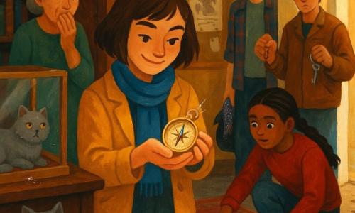 Una detective (Luna), rostro concentrado y sonriente, cabello castaño corto, chaqueta mostaza y pañuelo azul, sostiene delicadamente una pequeña brújula de cobre brillante; está frente a una vitrina de vidrio abierta. A la izquierda está Marta, bibliotecaria de unos 50 años, cabello gris recogido en moño, vestido verde sobrio, con la mano en la boca, aliviada y emocionada. A la derecha Tomás, conserje de unos 45 años, alto, barba corta, chaqueta de trabajo marrón, mira entre enfadado y divertido sosteniendo un manojo de llaves que brilla. Una adolescente, Vera (≈14), con trenza y suéter rojo, está arrodillada junto a una caja con cinta azul, señalando pequeñas purpurinas plateadas en el suelo. Leo (≈18), joven de pelo despeinado y camisa a cuadros, se mantiene atrás, avergonzado pero aliviado, con una bufanda brillante asomando del bolso. El gato gris Nube, pelaje esponjoso y ojos amarillos, está en el mostrador con una minúscula purpurina pegada al pelaje. Lugar: vestíbulo cálido de biblioteca con estanterías de madera oscura, alfombra gastada, vitrina con fondo de terciopelo rojo y cerradura de latón, tablón con un cartel teatral medio despegado y ventana trasera con marco blanco y barro en el umbral. Escena: momento de resolución del misterio — la detective muestra la brújula recuperada; luz dorada oblicua, reflejos metálicos y purpurinas plateadas en el suelo, huellas de barro hacia una puerta lateral; composición centrada, contrastes cálidos (ocre, rojo, madera) y fríos (azul, plata), pinceladas visibles, atmósfera reconfortante y ligeramente dramática.
