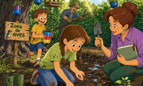 Una niña de 10 años, sonriente y decidida, pelo castaño en trenzas, con camiseta verde claro y vaqueros manchados de tierra, arrodillada plantando semillas de girasol con las manos en tierra húmeda; a la derecha, la señorita Marta (30–40 años), pelo recogido en moño, sonrisa amable, mostrando una pequeña pala y sosteniendo un cuaderno; detrás a la izquierda, Tomás (9–10 años), pelo corto y mancha de barro en la mejilla, riendo y llevando una botella reciclada convertida en maceta; al fondo, el conserje (≈50 años) con sombrero gastado levantando ramas caídas junto a una cerca de arbustos verdes en el borde del patio escolar; suelo marrón y húmedo con hoyos pequeños, botas de goma apoyadas, un viejo roble a la izquierda con raíces visibles, comederos de madera colgando, botellas recicladas de colores como macetas y un cartel de madera pintado 