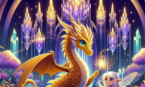 A young dragon named Ember, with shimmering golden scales and curious sparkling eyes, stands at the center of the image, displaying an expression of determination and courage. He spreads his small wings, ready to defend the magical world around him. Beside him, Elara, an elf with long silver hair and pointed ears, about 100 years old, encourages him with a warm smile, holding a wand that glows with a soft light. She is slightly behind, ready to cast a spell to protect the Sanctuary. In the background, the scene is a beautiful Enchanted Sanctuary, a sparkling crystal structure surrounded by colorful flowers and a shimmering stream. The sky is a deep purple, dotted with bright stars, creating a magical and fairy-tale atmosphere. The main situation shows Ember and Elara united against a threatening shadow approaching, while bursts of light surround them, symbolizing the magic that protects them.