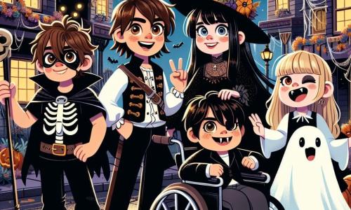 In una vivace strada della città di Willow Creek, quattro bambini si trovano insieme, illuminati dalla luce di una luna piena. Marco, un ragazzo di dieci anni con capelli castani disordinati, indossa un costume da pirata con un cappello nero e una spada di plastica, sorridendo entusiasta. Alla sua destra, Sara, una ragazza di nove anni con lunghi capelli biondi, è travestita da strega con un grande cappello a punta e un vestito nero, gli occhi scintillanti di curiosità. Accanto a lei, Luca, un ragazzo di dieci anni con capelli neri e denti da vampiro di plastica, fa una smorfia divertente, mentre Giulia, una ragazza di otto anni con capelli castani, è seduta nella sua sedia a rotelle, vestita con un costume da fantasma, ridendo gioiosamente. Il paesaggio è decorato con case addobbate con ragnatele, zucche illuminate e luci colorate che brillano nella notte. Ombre danzano sui muri, creando un'atmosfera magica e leggermente spaventosa. I bambini si preparano a entrare in un negozio misterioso, il "Nuovo Negozio degli Orrori", dove li aspettano giochi di Halloween. Sono eccitati e un po' nervosi, pronti a affrontare la sfida del mago che li attende all'interno.