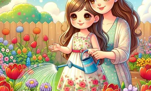 Una ragazza di 8 anni, Sofia, con lunghi capelli castani e occhi scintillanti, si trova in mezzo a un giardino fiorito, con un'espressione dolce e malinconica. Indossa un vestito leggero a fiori e tiene in mano un piccolo annaffiatoio, innaffiando con cura i fiori colorati intorno a lei. Accanto a lei, sua madre, una donna di circa trent'anni, con capelli castani e un sorriso rassicurante, osserva Sofia con tenerezza, le braccia incrociate, vicino a una panchina di legno. Il giardino è pieno di fiori vivaci, come tulipani rossi, margherite bianche e girasoli dorati, sotto un cielo blu chiaro punteggiato da alcune nuvole soffici. Un farfalla colorata svolazza intorno ai fiori, aggiungendo un tocco di magia alla scena. Sofia, mentre si prende cura del suo giardino speciale in memoria della nonna, sembra sia triste che piena di speranza, creando un momento toccante e rasserenante, dove il ricordo e la bellezza della natura si incontrano.