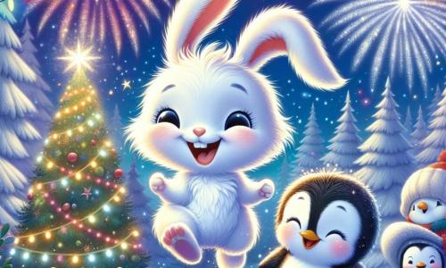 Al centro dell'immagine, un piccolo coniglio di nome Nino, con un pelo bianco splendente e grandi orecchie, salta di gioia con un grande sorriso sul volto, gli occhi brillanti di eccitazione. Accanto a lui, il suo amico Pino, un pinguino dalle piume nere e bianche, batte le ali con entusiasmo, mostrando un sorriso felice mentre scivola sulla neve. La scena si svolge in una foresta incantata, illuminata da ghirlande di luci colorate appese agli alberi, creando un'atmosfera festiva. Fiocchi di neve cadono dolcemente, aggiungendo un tocco magico, mentre un grande albero di Natale decorato brilla al centro della radura, circondato da animali gioiosi. Nino e Pino si trovano davanti all'albero, pronti a festeggiare il Capodanno con i loro amici, mentre i fuochi d'artificio esplodono nel cielo stellato, illuminando i loro volti meravigliati. L'atmosfera è piena di risate e gioia, catturando lo spirito dell'amicizia e della magia del Capodanno.