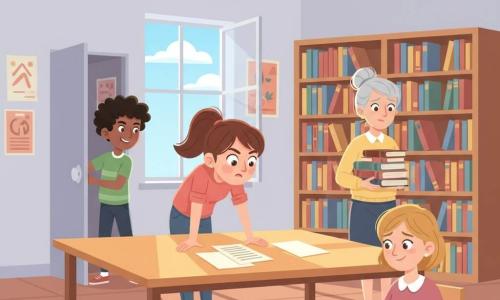 Marta, ragazza di 11 anni, ha uno sguardo concentrato e curioso, occhi grandi e sopracciglia aggrottate, capelli castani raccolti in coda, è china su un foglio appoggiato su un tavolo della biblioteca, poggiata sul bordo con mani delicate; Leo, ragazzo di 11 anni dai capelli neri e ricci e sorriso malizioso, tiene la maniglia di una porta socchiusa e la osserva dall’interno vicino alla finestra; la signora Lina, donna di circa 45 anni con capelli grigi raccolti in chignon e aria sollevata, regge una pila di libri rilegati in pelle accanto a uno scaffale a destra di Marta; la professoressa Belli, donna di circa 35 anni con capelli biondi corti, un po’ in imbarazzo ma sorridente, è seduta a un tavolino a prendere appunti; la biblioteca è una grande stanza luminosa con scaffali di legno chiaro pieni di libri, una grande finestra aperta, poster alle pareti e fogli sparsi su un tavolo centrale; la scena mostra Marta che scopre un indizio su un foglio mentre gli altri la osservano, atmosfera di mistero amichevole e ordine che si ristabilisce.