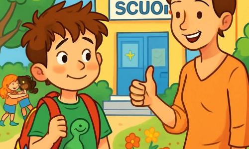 Un ragazzo di 10 anni, Matteo, con capelli castani disordinati e occhi scintillanti di eccitazione, si trova davanti all'ingresso della scuola. Indossa una maglietta verde con un piccolo dinosauro sorridente, jeans blu e uno zaino rosso pieno di materiale scolastico. Il suo viso esprime un mix di entusiasmo e nervosismo, con un leggero sorriso e guance leggermente arrossate. Accanto a lui, sua madre, una donna sui trent'anni con capelli castani raccolti in uno chignon, gli fa un gesto di incoraggiamento con un sorriso caloroso. Indossa una blusa leggera e pantaloni comodi, rimanendo leggermente in disparte, pronta a lasciarlo prendere il volo. La scuola è un edificio colorato con muri gialli e blu, circondato da un giardino fiorito dove i bambini giocano e ridono. Alberi verdi costeggiano l'ingresso e disegni di bambini decorano le finestre. Matteo, in piedi con il suo zaino, osserva gli altri bambini che si ritrovano, alcuni abbracciandosi dopo le vacanze. Prende un respiro profondo, pronto ad entrare in questa nuova avventura scolastica, sentendosi sia eccitato che un po' preoccupato.