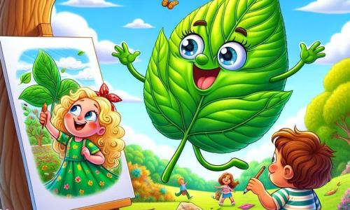 Una piccola foglia verde di nome Filo, con nervature delicate e un sorriso gioioso, ondeggia dolcemente al vento su un ramo di un grande albero. Osserva con meraviglia i bambini che giocano sotto. Anna, una bambina dai capelli biondi e ricci, indossa un vestito colorato e sta disegnando con pastelli su un grande foglio di carta, il suo viso illuminato dall'eccitazione. Marco, un ragazzo dai capelli castani e corti, vestito con una maglietta a righe, si inginocchia accanto a lei, tenendo una pietra colorata in mano, con uno sguardo curioso. Il luogo è un parco primaverile, pieno di fiori vivaci, alberi verdi e un cielo blu chiaro punteggiato di nuvole bianche e soffici. La scena principale mostra Filo, la foglia, che osserva con gioia Anna e Marco mentre si divertono a disegnare la bellezza della primavera, circondati dalla natura splendente e vivace.
