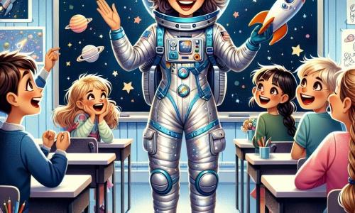 Astronautka Pani Jagna, uśmiechnięta i entuzjastyczna, nosi błyszczący srebrny skafander kosmiczny z jaskrawymi niebieskimi detalami. Jej oczy błyszczą z ekscytacji, gdy pokazuje dzieciom model statku kosmicznego. Obok niej stoi dziesięcioletni chłopiec Bartek z rozczochranymi brązowymi włosami, który z ciekawością podnosi rękę, gotowy zadać pytanie. Inne dziecko, Hania, dziewczynka z warkoczami blond włosów, wesoło się śmieje, trzymając małą makietę planety. Scena rozgrywa się w jasnej klasie, z dekoracjami na ścianach przedstawiającymi kosmos i migoczącymi gwiazdami. Kolorowe biurka są ustawione w półkole wokół Pani Jagna, która stoi przed czarną tablicą wypełnioną rysunkami rakiet i planet. Pani Jagna przyciąga uwagę dzieci, dzieląc się fascynującymi historiami o swoich przygodach w kosmosie, podczas gdy dzieci, zachwycone, słuchają uważnie i wyobrażają sobie siebie jako astronautów.