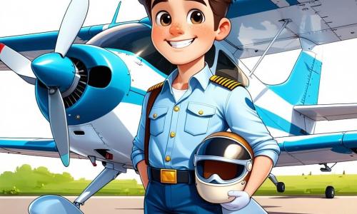 Um jovem, Lucas, de 22 anos, sorri amplamente, com os olhos brilhando de excitação. Ele veste um macacão de piloto azul claro, com ombreiras douradas, e segura um capacete de piloto sob o braço. Seus cabelos castanhos estão levemente bagunçados pelo vento, e ele olha com orgulho para um pequeno avião monomotor branco e azul brilhante, estacionado na pista. Perto dele, um grupo de quatro crianças, dois meninos e duas meninas, com idades entre 8 e 10 anos, o observa com admiração. Ana, uma menina de cabelos longos e cacheados, usa uma camiseta rosa e levanta a mão para fazer uma pergunta. Ao lado dela, João, um menino de óculos redondos e cabelos castanhos, aponta para o avião, com os olhos arregalados de curiosidade. Os outros dois crianças, um menino loiro e uma menina morena, escutam atentamente, sentados no chão com as pernas cruzadas. A cena acontece em um aeródromo ensolarado, com um céu azul e algumas nuvens brancas. Ao fundo, há outros aviões estacionados e um hangar vermelho, colorindo o ambiente. Lucas, cheio de entusiasmo, explica às crianças como fará seu primeiro voo solo, enquanto elas o escutam, cativadas por suas palavras e pelo cheiro de combustível de aviação no ar.