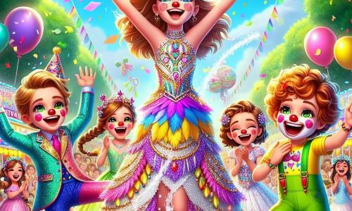 Een 10-jarig meisje, Lotte, staat in het midden van het podium, met grote sprankelende ogen en een brede glimlach die haar gezicht verlicht. Ze draagt een kleurrijk carnavalskostuum, versierd met glitters en veren, en danst vrolijk met haar armen omhoog naar de lucht, omringd door zwevende confetti. Aan haar rechterkant staat Sam, een 10-jarig jongen met krullend haar en een grote rode clownneus, die lachend gezichten trekt. Hij draagt een kleurrijk clownkostuum en houdt een grote plastic bloem vast die water spuit. Aan haar linkerkant staat Mia, een 9-jarig meisje met vlechten en een glinsterende prinsessenjurk, die enthousiast klapt en Lotte aanmoedigt, met stralende ogen van vreugde. De achtergrond is een levendig park, gevuld met zwevende ballonnen en kleurrijke slingers. Voedselstands met snoep en spelletjes vormen een feestelijke achtergrond, terwijl een grote boom met weelderig groen op de achtergrond staat, versierd met lichtjes. De hoofdscène toont Lotte en haar vrienden die samen dansen, omringd door lachen en muziek, en de carnaval geest vieren met aanstekelijke energie, terwijl vuurwerk de lucht boven hen verlicht.