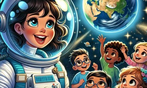 Uma astronauta sorridente, Ana, está no centro da imagem, flutuando no espaço com um traje espacial azul e um capacete transparente. Seus olhos brilham de admiração enquanto ela observa a Terra, um globo azul e verde, abaixo dela. Ao redor, um grupo de cinco crianças curiosas, com idades entre 8 e 10 anos, flutua alegremente. Sofia, uma menina de cabelos castanhos e cacheados, levanta a mão com um grande sorriso, enquanto Pedro, um menino de óculos, ri ao apontar para uma estrela brilhante. Os outros crianças, um menino de cabelos loiros e uma menina de cabelos negros, escutam atentamente, seus rostos iluminados pela magia do espaço. O fundo da imagem mostra um céu estrelado, salpicado de planetas coloridos e cometas cintilantes, criando uma atmosfera de sonho e aventura. A cena principal mostra Ana compartilhando histórias fascinantes sobre suas aventuras no espaço com as crianças, todos maravilhados pelas maravilhas do universo, flutuando juntos em um momento de alegria e inspiração.