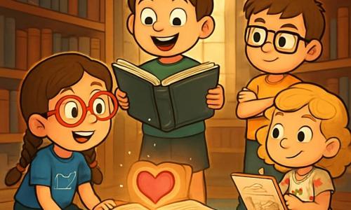 There are 4 children: - **Mia**: an 8-year-old girl with heart-shaped red glasses, brown braided hair, wearing a blue t-shirt with a book design. She is crouched near an old book, her eyes shining with excitement. - **Oliver**: an 8-year-old boy with messy brown hair, wearing a green t-shirt and shorts. He stands holding a large open book, with a look of wonder on his face. - **Sofia**: an 8-year-old girl with curly blonde hair, wearing a flower dress and holding a sketchbook. She is sitting on a pile of cushions, drawing imaginary treasures. - **Ethan**: an 8-year-old boy with brown hair and glasses, wearing a yellow t-shirt and jeans. He stands with his arms crossed, looking mischievous, ready to play a prank. The main setting is an old wooden library, with large shelves filled with dusty books. Rays of light filter through the old windows, illuminating dark corners and creating a mysterious atmosphere. In the center, a large colorful rug invites the children to sit and explore hidden stories. The main situation shows the four friends discovering an old mysterious book filled with illustrations of treasures and ancient maps. They are captivated by a heart-shaped symbol that seems to call them to an adventure as they prepare to solve the mystery of the hidden treasure.