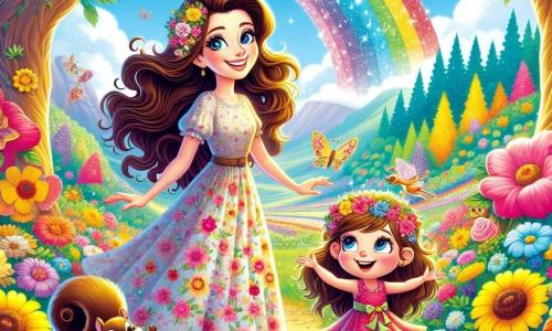 A woman named Clara, around 30 years old with long wavy brown hair and a radiant smile, stands at the center of the image, mesmerized by the beauty of the colorful flowers surrounding her. She wears a light floral dress, and her eyes shine with joy and excitement. Beside her is a small fairy named Lila, about 8 years old, with sparkling wings and a dress made of flower petals, joyfully flying with mischievous eyes. A playful squirrel named Nutty, around 5 years old with brown fur and a bushy tail, climbs a branch, curiously watching Clara and Lila. The setting is an enchanted valley filled with vibrant flowers, tall trees with golden trunks, and a bright blue sky dotted with candy-shaped clouds. The main scene shows Clara, Lila, and Nutty discovering a sparkling path leading to a magical cave where the precious rainbow crystal is hidden. The characters display expressions of joy and wonder, ready for a fantastic adventure.