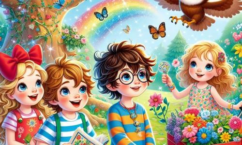 In an enchanted clearing of Glitterwood, four friends stand together. On the left, Lily, a five-year-old girl with long blonde hair and a big red bow, smiles enthusiastically. Next to her, Max, a five-year-old boy with messy brown hair, wears a colorful striped t-shirt and gazes at the sky with sparkling eyes. In the center, Sam, a five-year-old boy with round glasses and brown hair, holds an illustrated book, intrigued by the wonders around them. Finally, on the right, Mia, a five-year-old girl with curly hair in a small floral dress, pulls a red wagon filled with colorful flowers, ready to share their magic. The place is a magical clearing where the grass sparkles like emeralds and flowers sing sweet melodies. Colorful butterflies dance in the air, while a majestic tree with thick branches stands at the center, with a white-feathered owl perched on one of its branches. The main scene shows the four friends holding hands, making a wish together while holding a small sparkling blue stone, as a gentle breeze adds a touch of magic to their adventure.