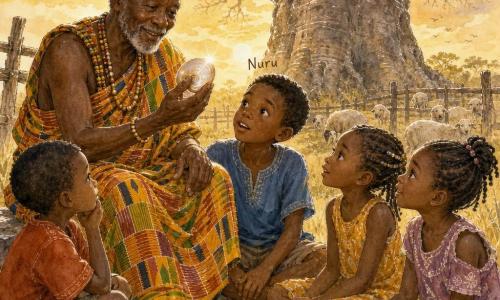 An elderly man, Kofi, smiling and kindly, dark-skinned with short gray hair and colorful kente clothing, sits on an old wooden fence near a sheep pen holding a smooth shell and showing it to children; a curious 10-year-old boy, Nuru, brown-skinned with short hair, sits in the front row next to Kofi, hands on his knees staring at the shell, while three other children (two girls about 8 and 9 and a 7-year-old boy) form a semicircle around them with attentive, wide-eyed expressions in simple colorful clothes; in the background a massive gnarled baobab with textured bark rises against a golden morning sky and a few white and cream sheep graze near the fence; the grassy savanna floor has tall grasses, dry patches and small wildflowers, warm light with soft contrasts and long shadows; the scene centers on Kofi calmly and expressively telling the story of the boy and the baobab, focusing on the shiny shell and the children's fascinated faces.