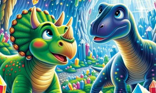 Ein junger Triceratops namens Tino, mit einem robusten Körper in smaragdgrün und einem Halsband aus bunten Flecken, zeigt einen Ausdruck von Neugier und Staunen, während er eine wunderschöne Höhle voller funkelnder Kristalle erkundet. An seiner Seite schaut Dippy, ein großer blauer Diplodocus mit langem Hals, fasziniert auf die Schönheit der Kristalle, die die Höhle erleuchten. Die Höhle ist mit glatten Steinen geschmückt, die mit bunten Kristallen bedeckt sind, die wie Sterne funkeln und eine magische, bezaubernde Atmosphäre schaffen. Die Hauptszene zeigt Tino und Dippy, die gemeinsam diesen natürlichen Schatz entdecken, umgeben von Licht und leuchtenden Farben, was ihre Freundschaft und ihren Abenteuergeist symbolisiert.