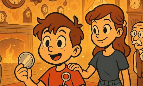 Tomás, rapaz de 12 anos, rosto redondo, cabelo castanho desgrenhado, olhos grandes e curiosos, expressão maravilhada e concentrada, segura um pequeno disco metálico brilhante numa mão e uma chave prateada com uma estrela gravada na outra; Inês, cerca de 13 anos, cabelo castanho preso com presilha colorida, roupa moderna (jeans e t‑shirt), olhar malicioso e protetor, está ao lado dele com a mão no ombro, e o senhor Álvaro, cerca de 65 anos, rosto enrugado, bigode fino, monóculo e colete antigo, observa junto a um grande pêndulo encostado a uma cômoda; cenário: sala vitoriana acolhedora com papel de parede floral, poltronas de veludo verde, tapete persa vermelho, lareira crepitante e muitas relógios antigos nas paredes e móveis; momento dramático e suave em que a porta do tempo acabou de ser atravessada — luz dourada filtrando pelas cortinas, relógios parecendo vibrar em conjunto, pequenas nuvens de poeira luminosa no ar, sensação de maravilhamento e tensão contida, composição dinâmica com Tomás e Inês ao centro e o senhor Álvaro recuado junto ao grande relógio.