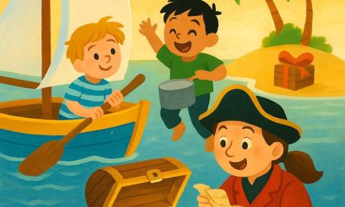 A smiling woman captain holds a crumpled map, round face with freckles and brown hair in a ponytail, wearing a red navy jacket and pirate hat, looking in wonder at an open chest on the beach; a boy Jo, about 10, with tousled blond hair and a blue striped vest rows on the left of the small colorful wooden boat Sunny Shell (yellow and blue, white sails) and looks toward the island; a boy Pip, about 8, with short black hair and a green shirt drums on a pot and jumps on the deck near the captain; the tiny island has golden sand, a few bent palm trees, a light dissipating mist, and a wooden box with a large red bow; main scene: joyful discovery of the chest at low golden sun, bright colors, simple rounded shapes, calm cheerful mood.