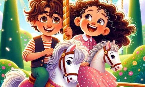 An 8-year-old boy with messy brown hair and sparkling eyes is sitting on a shining white carousel horse, a big smile on his face. Next to him, an 8-year-old girl with curly hair in a polka dot pink dress joyfully laughs while holding onto the horse's bar. The carousel gently spins in a sunny park surrounded by vibrant green trees and colorful flowers swaying in the breeze. Sunlight illuminates the scene, creating a magical and joyful atmosphere. The main focus is on the two friends enjoying themselves on the carousel, their laughter blending with the soft music around them, symbolizing their beautiful friendship and shared happiness.
