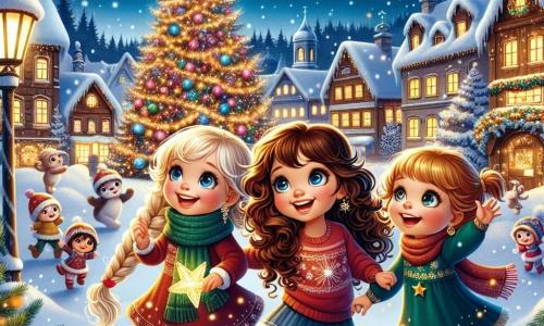 Drei junge Mädchen, Mia, Lina und Tessa, stehen im Zentrum eines wunderschönen Weihnachtsdorfes. Mia, ein 10-jähriges Mädchen mit lockigem braunem Haar und einem roten Pullover, lächelt fröhlich und hält einen großen glitzernden Stern. Rechts von ihr steht Lina, ein 9-jähriges Mädchen mit geflochtenem blonden Haar, das einen grünen Schal trägt und staunend den beleuchteten Weihnachtsbaum betrachtet. Links tanzt Tessa, ein 10-jähriges Mädchen mit kastanienbraunem Haar und Brille, begeistert mit erhobenen Armen in den Himmel. Die Kulisse ist bezaubernd: ein verschneites Dorf mit Holzhäusern, deren Dächer mit Schnee bedeckt sind, funkelnden Lichtergirlanden an den Fenstern und sanft fallenden Schneeflocken unter dem Sternenhimmel. Im Hintergrund strahlt ein großer Weihnachtsbaum, geschmückt mit bunten Kugeln und goldenen Girlanden. Die Mädchen feiern die Magie von Weihnachten, indem sie um den Baum tanzen und lachen, umgeben von magischen Kreaturen und funkelnden Lichtern, während eine sanfte Weihnachtsmelodie in der Luft schwebt.