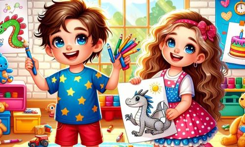 Un niño de 8 años, Pablo, con cabello castaño desordenado y ojos brillantes de curiosidad, sonríe alegremente mientras sostiene un dibujo de dragón en sus manos. Lleva una camiseta azul con estrellas y un pantalón corto rojo. A su lado, su hermana pequeña Lucía, de 5 años, tiene el cabello largo y rizado, viste un vestido rosa con lunares y ríe mostrando un dibujo de pasteles. Están en una sala de juegos luminosa, llena de juguetes coloridos, libros y dibujos colgados en las paredes. La escena principal muestra a Pablo y Lucía construyendo una ciudad de bloques, rodeados de risas y creatividad, mientras un gran sol brilla a través de la ventana, iluminando la habitación con una suave luz dorada.