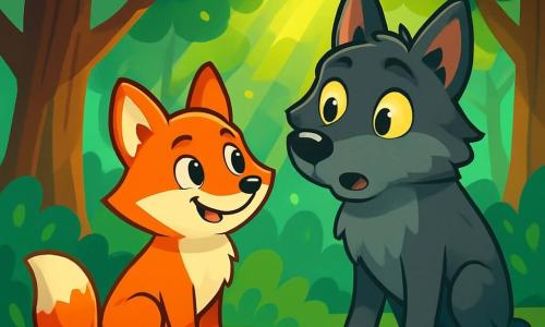 Ein kleiner, schlauer Fuchs mit leuchtend orangefarbenem Fell und neugierigen, funkelnden Augen sitzt auf einem Teppich aus grünem Moos und zeigt ein selbstbewusstes Lächeln. Neben ihm steht ein großer Wolf mit dunklem grauem Fell, leuchtend gelben Augen und einem überraschten Ausdruck, leicht nach vorne geneigt, als hätte er gerade eine unerwartete Frage gehört. Die Szenerie ist ein verzauberter Wald mit majestätischen Bäumen, dicken Stämmen, leuchtend grünen Blättern und Sonnenstrahlen, die durch die Äste filtern und helle Muster auf den Boden werfen. Die Szene zeigt den Moment, in dem der Fuchs, mit entschlossenem Blick, eine Frage an den Wolf richtet, der zögerlich, aber neugierig wirkt, während sie unter dem Mondlicht einen Moment des Verständnisses teilen.
