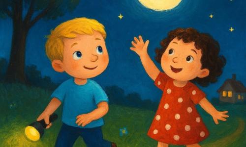 Twee hoofdpersonages: een 5-jarige jongen met kort blond haar en helderblauwe ogen in het midden, die een kleine gele zaklamp vasthoudt die zijn gezicht verlicht terwijl hij omhoog kijkt met een verlegen glimlach; een 5-jarig meisje met krullend bruin haar en sproeten in een rode jurk met witte stippen rechts van hem, dat vrolijk met haar armen zwaait en met links naar de maan wijst; locatie: een zachte groene grasweide bij schemer, textuur van gras, een grote boomlinks met zachte schaduwen, eenvoudige bloemen en een klein zandpaadje naar een huis met warme verlichte ramen in de verte; situatie: de kinderen dansen en spelen met schaduwen onder het zilveren licht van een ronde heldere maan, de gele zaklamp maakt een lichtcirkel op het gras, kleine sterren fonkelen in een donkerblauwe hemel, de sfeer is geruststellend en speels met felle kleuren en afgeronde vormen.