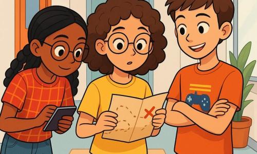 Er zijn 3 personages: - Noor: een 11-jarig meisje met krullend bruin haar en ronde brillen, gekleed in een gele t-shirt en een spijkerbroek. Ze staat in het midden en houdt een gevouwen papier vast met een nieuwsgierige uitdrukking op haar gezicht. - Yara: een 11-jarig meisje met vlechten in zwart haar en een grote bril, gekleed in een geruite blouse en een denim short. Ze leunt iets naar voren en bekijkt een klein notitieboekje dat ze in haar handen houdt. - Samir: een 12-jarige jongen met kort haar en een felgekleurde t-shirt met een videogamepatroon. Hij staat rechts van Noor en kijkt met een enthousiaste glimlach naar het papier, met zijn armen gekruist. De locatie is een lichte gang van een gebouw met witte muren en kleurrijke deuren. Een groene plant staat in een hoek en de vloer is bedekt met een zacht tapijt. Daglicht valt door een raam en creëert een warme en uitnodigende sfeer. De belangrijkste situatie toont de drie vrienden die een mysterieus papier onderzoeken dat een kaart met een kruis bevat. Ze lijken opgewonden en geconcentreerd, klaar om het mysterie op te lossen.