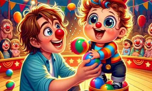 Un bambino di un anno, con grandi occhi brillanti e capelli castani in disordine, è seduto sulle ginocchia della mamma. Indossa un piccolo cappello rosso e mostra un ampio sorriso, pieno di meraviglia e gioia, mentre gioca con una palla colorata. Accanto a lui, un clown di nome Gigino, di circa 30 anni, con un naso rosso a forma di pallina e capelli multicolori in disordine, fa facce divertenti. Sta giocolando con delle palle mentre ride, creando un'atmosfera di felicità contagiosa attorno a loro. La scena si svolge sotto un grande tendone da circo, pieno di luci scintillanti e decorazioni colorate. Palloncini fluttuano nell'aria e spettatori meravigliati guardano lo spettacolo, seduti su panche di legno. In questa situazione principale, il clown Gigino invita il piccolo Luca a unirsi a lui al centro della pista, dove si divertono insieme a far rimbalzare la palla, creando scoppi di risa e magia nell'aria del circo.