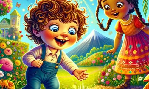 Un bambino di 2 anni, di nome Leo, con capelli ricci e occhi scintillanti di curiosità, si trova in mezzo a un giardino soleggiato, con un ampio sorriso sul volto. Guarda con meraviglia un piccolo seme dorato che rotola ai suoi piedi, brillando come una stella. Vicino a lui, una bambina di 3 anni, con trecce e un vestito colorato, osserva Leo con aria di eccitazione, le mani sui fianchi, pronta a seguirlo nella sua avventura. Il giardino è pieno di fiori vivaci, farfalle svolazzanti e alberi maestosi, creando un'atmosfera magica e gioiosa. Leo, intrigato, tende la mano verso il seme dorato, pronto a seguirlo verso la Montagna dei Pensieri, dove nuvole di domande danzano nel cielo blu.