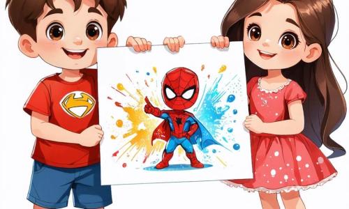 Al centro dell'immagine, un ragazzo di 11 anni, Marco, con capelli castani disordinati e occhi pieni di curiosità, sorride felicemente mentre tiene un grande disegno colorato del suo supereroe, Equilibrio. Indossa una maglietta rossa e pantaloni corti blu, e il suo viso esprime grande orgoglio ed entusiasmo. Accanto a lui, Giulia, una ragazza di 11 anni con lunghi capelli biondi e una treccia di lato, osserva il disegno con ammirazione. Indossa un vestito a fiori e sandali, alzando i pollici in segno di approvazione, mentre si tiene leggermente in disparte, ma piena di energia. Sullo sfondo, Luca, un giovane adulto di circa 20 anni, con capelli corti e una leggera barba, si trova su un piccolo podio, sorridendo e applaudendo ai bambini. Indossa una maglietta con un messaggio sull'uguaglianza di genere e sembra incoraggiare Marco e Giulia. La scena si svolge in una piazza animata, decorata con bandierine colorate e palloncini, con bambini che giocano e ridono intorno a loro. I banchetti di giochi e attività sono visibili, creando un'atmosfera festosa e gioiosa. La situazione principale mostra Marco e Giulia, orgogliosi della loro creazione, mentre condividono il loro disegno con gli altri bambini, illustrando lo spirito di collaborazione e uguaglianza che caratterizza la festa dell'uguaglianza di genere.