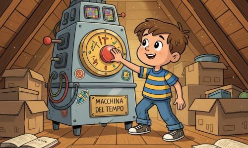 Un bambino di 8 anni, Leo, viso rotondo, capelli castani corti impolverati, occhi grandi e brillanti, espressione meravigliata e curiosa, tocca con la mano destra un grande pulsante colorato di una macchina del tempo; indossa una maglietta a righe blu e gialle, jeans risvoltati e scarpe consumate, ginocchio leggermente avanti come se avesse appena salito i gradini; nessun altro umano in soffitta, in basso si intravede sfocata la sagoma della cucina (genitori assenti); soffitta in legno caldo con travi inclinate, luce giallastra di una lampadina scoperta, scatole di cartone impilate, vecchi libri aperti e una sottile polvere che danza nei raggi di luce; la macchina del tempo è una grande scatola metallica retrò con leva rossa, quadrante d'orologio dorato, piccoli schermi lampeggianti, adesivi colorati, cavi a spirale e una targhetta «Macchina del Tempo» leggermente ossidata; momento principale: scoperta gioiosa e lievemente magica, il ragazzo tocca la macchina tra polvere fluttuante che crea un'atmosfera misteriosa ma rassicurante.