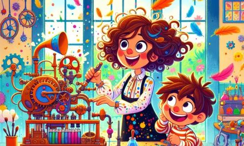 Una donna felice di nome Lia, con capelli ricci e una blusa colorata piena di macchie di vernice, sta ridendo mentre aggiusta la sua macchina stravagante. I suoi occhi brillano di eccitazione e il suo sorriso è ampio, rivelando la sua passione per le invenzioni. Accanto a lei, il suo amico Gino, un ragazzo di 8 anni con capelli castani disordinati e una maglietta a righe, preme sulle trombe della macchina, ridendo a crepapelle mentre piume colorate volano intorno a loro. Il loro laboratorio è un luogo magico, pieno di materiali brillanti: strumenti scintillanti, ingranaggi colorati e scatole di cartone sparse, tutto immerso in una luce dolce e calda. In fondo, si vedono finestre che danno su un giardino fiorito, dove i fiori danzano al vento. La scena principale mostra Lia e Gino in azione, circondati da piume volanti e risate, mentre la macchina fa 