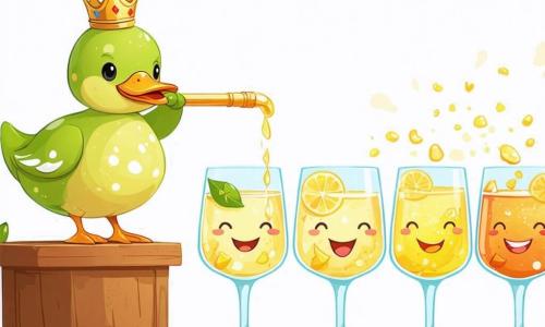 Een klein eendje in limonade, groen met witte vlekken, staat trots op een podium, zijn gezicht straalt van vreugde en vertrouwen. Hij heeft een kleine gouden kroon op zijn hoofd en een mooie gouden stok die in de zon glinstert, terwijl hij zijn bruisende limonade in een groot glas giet. Naast hem applaudisseren verschillende kleurrijke glazen met lachende gezichten enthousiast. Elk glas heeft een andere kleur: rood, blauw, geel en groen, allemaal vol trots en opwinding voor hun vriend de eend. De scène speelt zich af in een zonnige keuken, met muren in pastelgeel en ramen die het daglicht binnenlaten. Verse vruchten, zoals citroenen en aardbeien, liggen op een houten tafel en voegen kleur en frisheid toe aan de sfeer. De hoofdactie toont het moment van overwinning, waar het kleine eendje, vol vertrouwen, een gouden medaille wint tijdens een limonadewedstrijd, omringd door zijn vrienden die zijn succes met vreugde en aanmoediging vieren.
