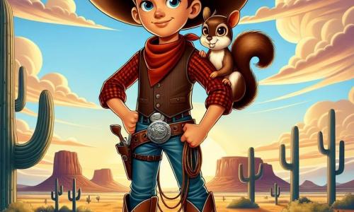 En primer plano, un joven vaquero llamado Lucas, un chico de unos 12 años, se muestra orgulloso y decidido. Lleva un gran sombrero de vaquero, una camisa de cuadros rojos y un chaleco de cuero, con botas polvorientas. Su rostro está iluminado por una sonrisa confiada, sus ojos brillan con valentía mientras sostiene un lazo en su mano derecha, listo para actuar. A su lado, Chispita, una pequeña ardilla traviesa, está posada en su hombro. Tiene un pelaje marrón y ojos chispeantes de malicia, mirando a su alrededor con curiosidad, lista para ayudarlo en su misión. Al fondo, el escenario es un vasto desierto americano, con colinas doradas bajo un cielo azul brillante. Los cactus se alzan orgullosos y a lo lejos se ven montañas majestuosas. El sol comienza a ponerse, pintando el cielo de tonos naranjas y violetas. La situación principal muestra a Lucas y Chispita tendiendo una trampa astuta para capturar a los bandidos, con una expresión de determinación en el rostro de Lucas, mientras Chispita, llena de energía, gesticula para atraer la atención de los bandidos.