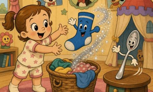 Una niña de 2 años, alegre y maravillada, con el pelo castaño en dos coletas y grandes ojos claros, juega de pie en pijama corto con una gran estrella y extiende los brazos hacia un objeto que se mueve; un calcetín azul animado y travieso con rostro bordado y ojos vivaces salta fuera de una cesta de ropa dejando una estela de purpurina plateada y está en el centro frente a la niña; una cuchara de desayuno, seria pero amable, de metal brillante con un rostro dibujado, permanece en una mesita baja a la derecha inclinada como saludando; la habitación es cálida y colorida con suelo de madera clara, alfombra rosa y una cesta de mimbre con ropa; momento mágico y divertido en el que el calcetín se mueve solo y estornuda purpurina que suena como campanillas, la niña ríe y la cuchara la saluda desde la mesa.