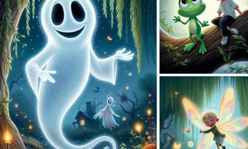 A benevolent ghost named Elderwyn gently floats under a large willow tree, with a warm smile on his translucent face. He has a soft, soothing glow, his outlines are blurry and shimmering, and he seems to emanate a gentle light that illuminates his surroundings. Next to him, a small boy named Finley, a green frog with curious eyes, joyfully hops, his hind legs folded and ready to leap. He has a determined expression and a small smile on his face. Near Finley, a dragonfly named Bella, a little girl with delicate, colorful wings, flies in circles around him, her eyes sparkling with excitement. The scene takes place in a magical swamp filled with vibrant flowers and lush foliage, with fireflies lighting up the night. The fog slowly fades, revealing bright colors and a cheerful atmosphere. The main situation shows Elderwyn explaining to his two friends that they need to make a wish by touching the ancient stones to restore the magic of the swamp, while the soft light of his spirit illuminates their path.