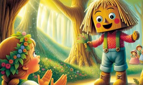 Pinocchio, ein kleiner Holzjunge mit braunen Strohhaaren und einem großen Lächeln, steht im Zentrum der Bühne, seine Augen glänzen vor Aufregung und Entschlossenheit. Er trägt ein rotes gepunktetes Hemd und blaue Stoffhosen, während er ein kleines Holzschild mit der Aufschrift "Schützen wir unsere Bäume!" hochhält. Neben ihm applaudiert ein etwa 8-jähriges Mädchen mit langen, geflochtenen blonden Haaren und einem grünen, blumenverzierten Kleid begeistert. Sie hat einen bewundernden und träumerischen Blick und hält einen kleinen Strauß Wildblumen in den Händen. Im Hintergrund erheben sich majestätische, große Bäume mit dicken Stämmen und leuchtend grünen Blättern, deren Äste sich schützend über die Bühne ausstrecken. Sonnenlicht filtert durch das Laub und erzeugt ein Spiel aus Schatten und Licht auf dem mit bunten Blumen bedeckten Boden. Die Hauptsituation zeigt Pinocchio, der seine Botschaft den versammelten Dorfbewohnern präsentiert, die neugierig und aufmerksam schauen, während die Bäume wohlwollend zuzuhören scheinen und der Atmosphäre einen magischen Touch verleihen.