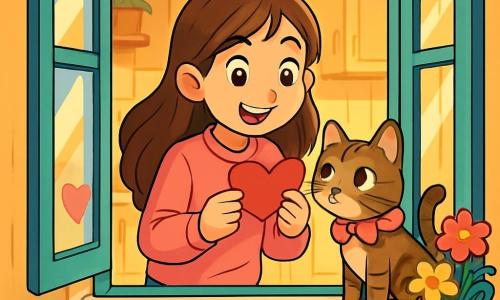 Een 10-jarig meisje met lang bruin haar en sprankelende ogen staat bij een open raam. Ze draagt een zachte roze trui en een spijkerbroek, en ze glimlacht verwonderd terwijl ze een klein papieren hartje in haar handen houdt. Naast haar staat haar schattige gestreepte kat met een roze strik om zijn nek op de vensterbank, nieuwsgierig kijkend naar het papieren hartje. De scène speelt zich af in een gezellige keuken, verlicht door het gouden ochtendlicht, met gele muren en een houten tafel vol Valentijnsdecoraties zoals papieren hartjes en kleurrijke bloemen. Het meisje ontdekt een mysterieuze boodschap op het papieren hartje, haar gezicht straalt van opwinding en nieuwsgierigheid, terwijl de kat geïntrigeerd lijkt door dit geheim.