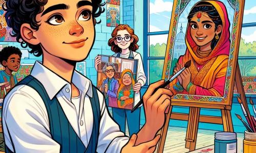 A 12-year-old boy, Daniel, with curly hair and caramel skin, looks determined with a slight smile on his face. He holds a brush in one hand and a palette of bright colors in the other, standing in front of a large wall filled with colorful drawings. Next to him, his friend Jayden, also 12, with straight hair and fair skin, smiles while holding a photo of his grandmother in traditional dress. They are both in a bright art room, with sunlight streaming through the windows and tables covered in paint and brushes around them. The scene shows Daniel and Jayden working together on a mural project, celebrating their respective cultures with vibrant colors and cheerful patterns decorating the wall behind them.
