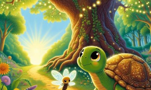 In the center of the image, a small turtle named Tilly, with a shimmering golden shell and sparkling curious eyes, stands on a forest path. She has an expression of excitement and determination, ready to explore the world around her. To her right, a little firefly named Felicity, with translucent wings glowing softly yellow, joyfully flies around Tilly, adding a touch of magic to the scene. In the background, a majestic old oak tree, with sprawling branches and emerald green leaves, stands proudly, while rays of sunlight pierce through the foliage, creating bright patterns on the forest floor. The scene takes place in a sunny clearing, where colorful flowers and lush ferns surround the path. Tilly and Felicity are preparing to embark on an adventure, with Tilly gazing in wonder at the mysterious trail ahead, while Felicity lights their way with her gentle glow.