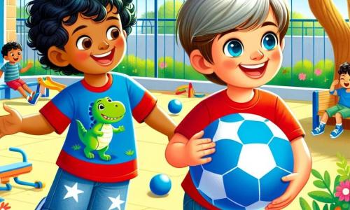 Un niño de 6 años, Leo, con cabello castaño claro y ojos brillantes, sonríe alegremente mientras sostiene una pelota azul. Lleva una camiseta roja con un dinosaurio verde y pantalones cortos de mezclilla. A su lado, Samir, un niño de 6 años con cabello negro y rizado, de piel ligeramente más oscura, ríe al lanzar la pelota. Samir lleva una camiseta azul con estrellas blancas. Al fondo, el patio de la escuela está lleno de flores coloridas, juegos de madera y un gran árbol sombreado. Los niños juegan juntos, creando una atmósfera de alegría y amistad, destacando la importancia de la tolerancia y la amistad entre niños de diferentes orígenes.