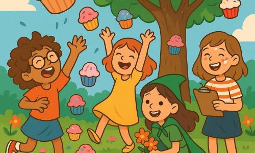 Four girls, around 10 years old, stand in a colorful and enchanting garden. Hazel, with curly, tousled hair and sliding glasses, laughs while trying to catch a huge cupcake falling from the sky. Poppy, the most optimistic, wears a bright yellow dress and dances joyfully with her arms raised, surrounded by falling cupcakes. Fern, in a green cape that gives her a witchy look, picks flowers to make crowns, her eyes sparkling with excitement. Ivy, the most organized, wears a striped t-shirt and holds a clipboard, trying to note what's happening while laughing, with cupcakes splattering her face. The garden is filled with colorful flowers that seem to smile, and a large magical tree stands in the center, its branches shimmering with glitter. The ground is strewn with multicolored cupcakes, creating a joyful and chaotic scene. The girls celebrate their latest magical adventure, surrounded by a shower of cupcakes falling from the sky, laughing as they try to catch the flying treats.