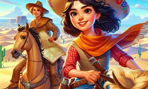 Valentina, uma corajosa cowgirl de cerca de 10 anos, usa um grande chapéu de cowboy decorado com flores coloridas e uma camisa xadrez vermelha. Seu rosto irradia determinação e empolgação, com olhos brilhantes e um sorriso radiante. Ela está montada em seu rápido cavalo, Relâmpago, que tem uma crina dourada esvoaçando ao vento. Ao seu lado, seu amigo, o jovem índio de 12 anos, Pequeno Lobo, veste uma túnica de couro e calças de lona. Ele segura um mapa antigo nas mãos, observando o horizonte com uma expressão concentrada. A cena ocorre no vasto e árido deserto dos Ventos, onde dunas de areia dourada se estendem até onde a vista alcança, salpicadas de cactos verdes e rochas esculpidas pelo vento. O céu é de um azul vibrante, com algumas nuvens brancas flutuando. Valentina e Pequeno Lobo se preparam para partir em busca do misterioso tesouro, com os rostos iluminados pela expectativa de uma grande aventura.
