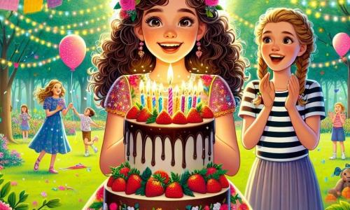 Uma menina de 12 anos, Ana, está no centro de um parque ensolarado, com cabelos castanhos cacheados e olhos brilhando de alegria. Ela usa um vestido colorido com flores e um grande sorriso ilumina seu rosto enquanto sopra as velas de um enorme bolo de chocolate decorado com morangos e creme. Ao seu lado, sua melhor amiga Clara, também de 12 anos, tem cabelos loiros trançados e usa uma camiseta listrada. Ela aplaude com entusiasmo, os olhos brilhando de excitação, segurando um balão rosa em forma de coração. O parque está cheio de vegetação luxuriante, com árvores majestosas, flores coloridas e crianças brincando ao fundo. A cena representa o momento mágico em que Ana, cercada por seus amigos, celebra seu aniversário, pronta para fazer um desejo ao soprar as velas do bolo, enquanto criaturas fantásticas começam a aparecer ao redor, adicionando um toque de magia a esse dia especial.