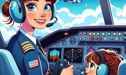 Uma piloto mulher, na casa dos trinta anos, com cabelos castanhos presos em um coque, veste um macacão de piloto azul e um capacete. Ela exibe um sorriso confiante e determinado, segurando o volante de seu avião, "Estrela do Céu", enquanto olha pela cabine com olhos brilhantes de emoção. Ao seu lado, uma menina de 8 anos, Clara, com cabelos cacheados e olhos brilhantes, usa um capacete grande demais para ela, olhando pela janela com admiração, suas mãos apoiadas no painel de controle. O cockpit do avião está cheio de botões coloridos e instrumentos brilhantes, com luzes piscando e uma vista espetacular das nuvens abaixo, onde se pode ver uma paisagem em miniatura da terra. A cena principal mostra a piloto e a menina em uma aventura, sobrevoando nuvens brancas e um céu azul, enquanto uma leve turbulência faz o avião vibrar, mas a piloto mantém a calma, pronta para guiar sua jovem passageira através dessa experiência mágica.